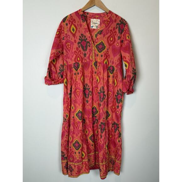 LULALIFE Lula Life Long Sleeve V-neck Abstract Aztec Cotton Midi Dress Sz Small - Picture 2 of 9
